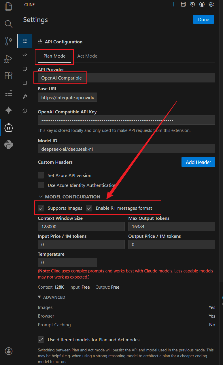 展示 Plan Mode 选项卡下的完整配置，重点标出 Model ID, Context Window Size 和 Enable R1 messages format