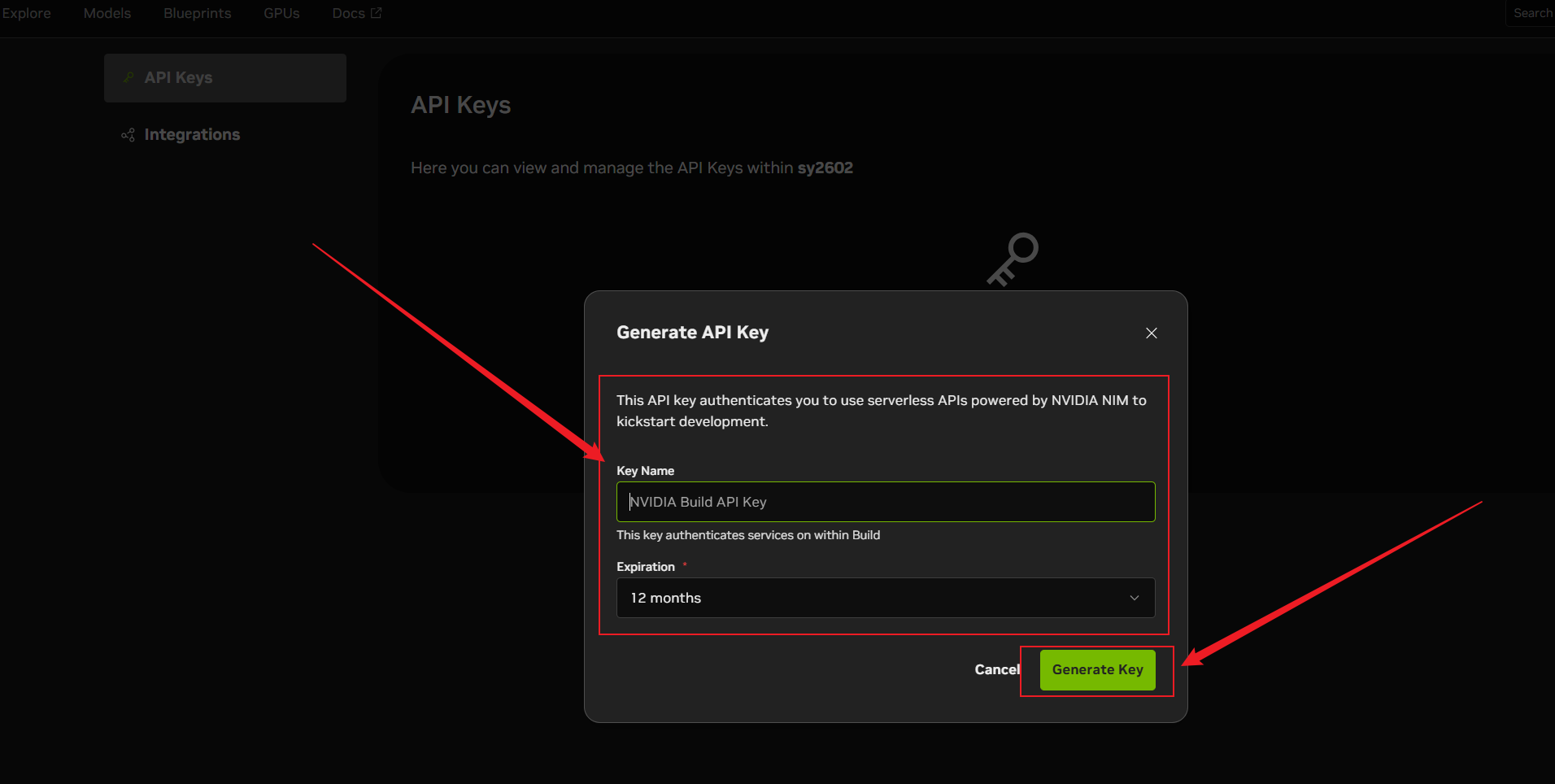 API Key生成成功后的弹窗，红色箭头“仅显示一次”的警告语及复制按钮