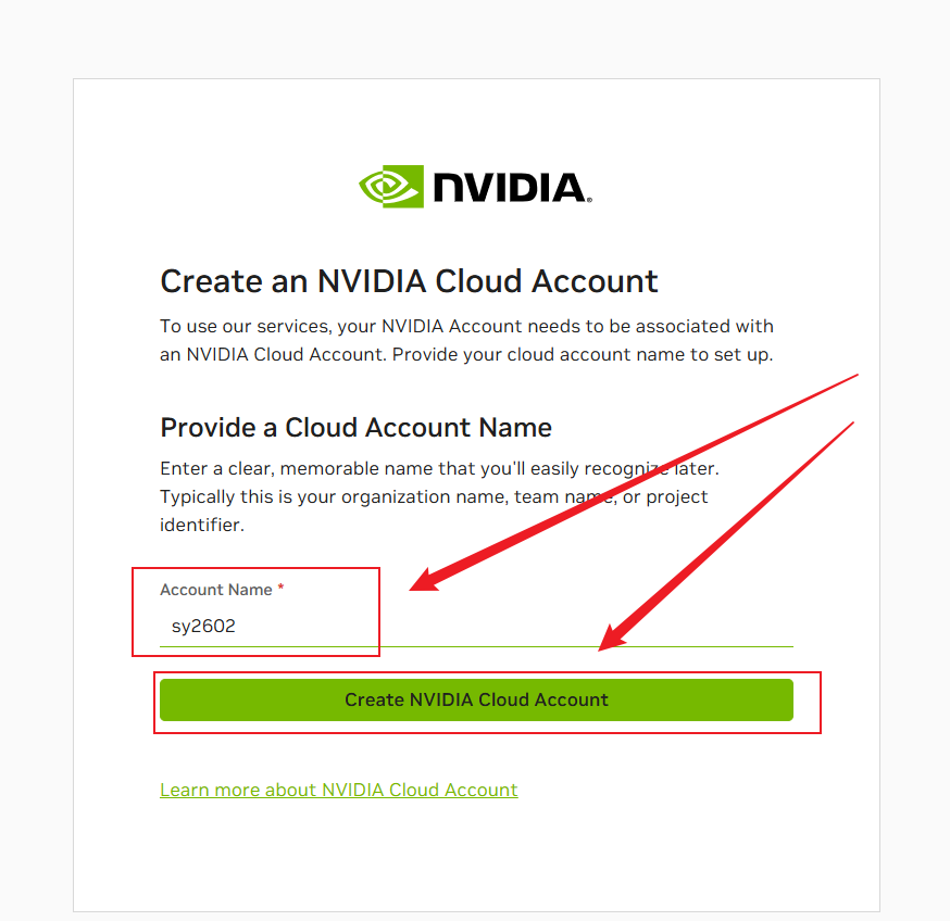 Nvidia Cloud账户名称填写界面，可以随意填写英文字符