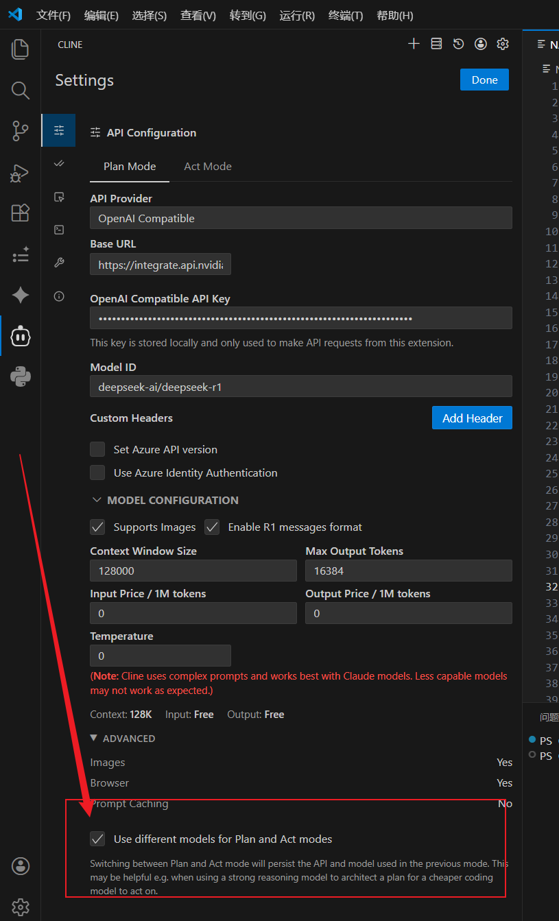 Cline 设置底部 ADVANCED 区域，勾选 Use different models for Plan and Act modes