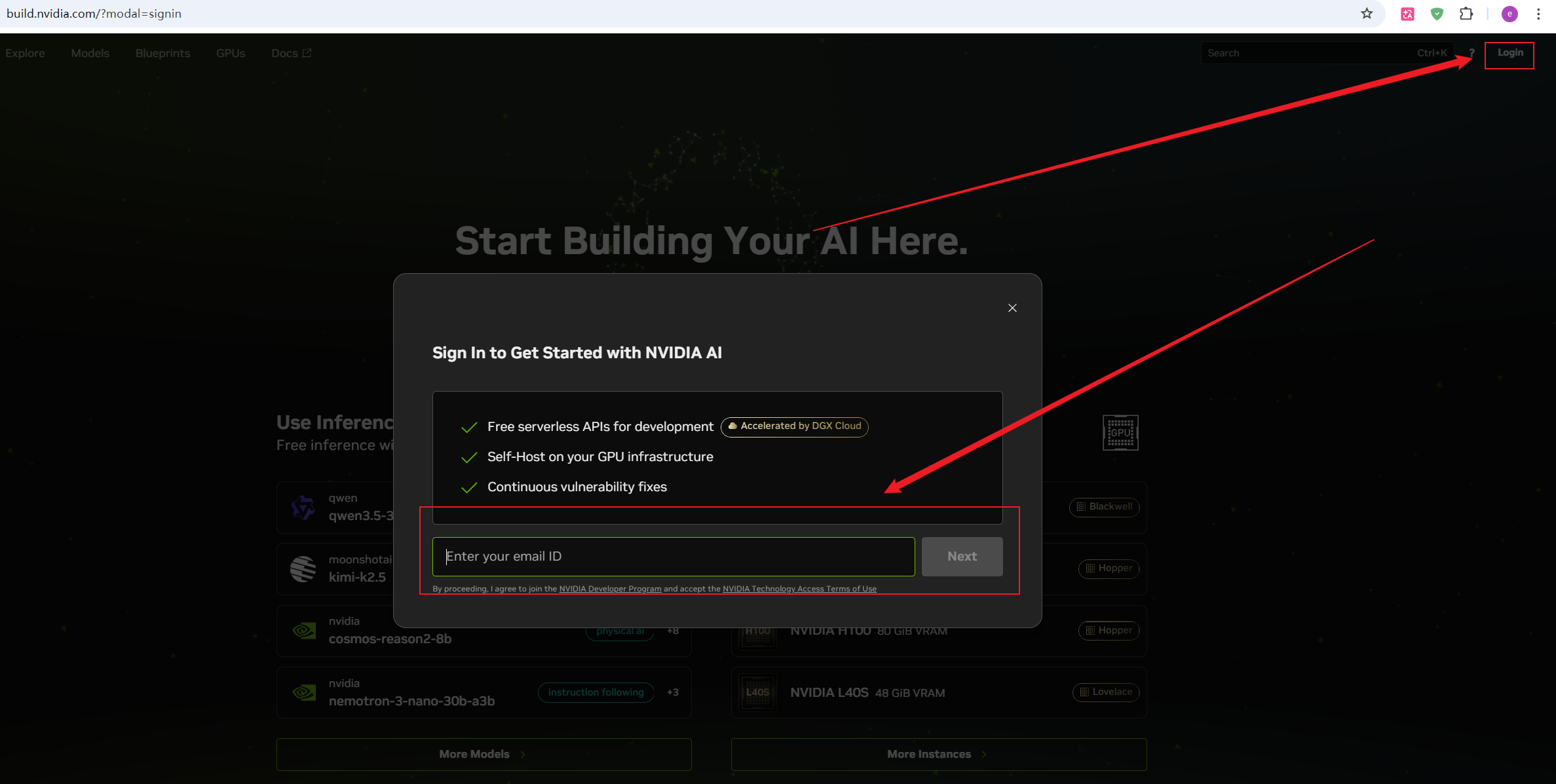 Nvidia官网登录入口界面，右上角的Login按钮和邮箱输入框